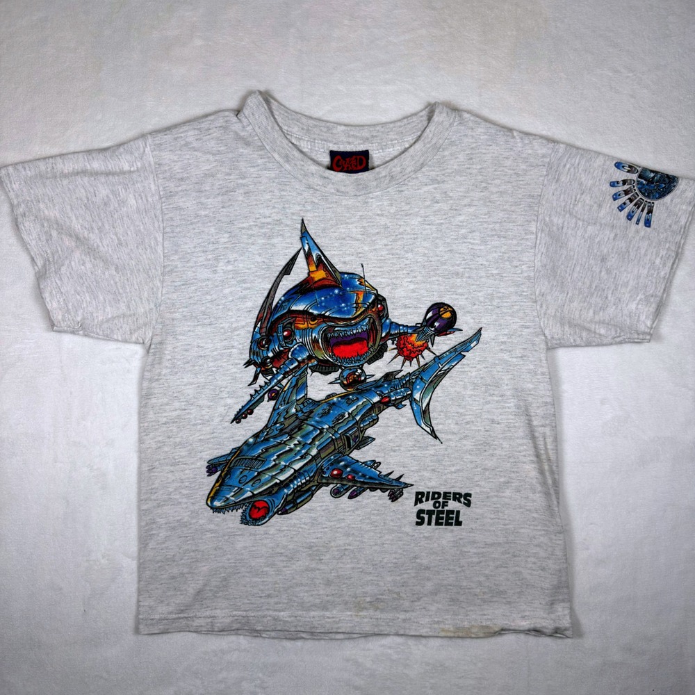 VTG Crazed Riders of Steel Shark Graphic T-Shirt Grey Boys XL Made in USA Y2K